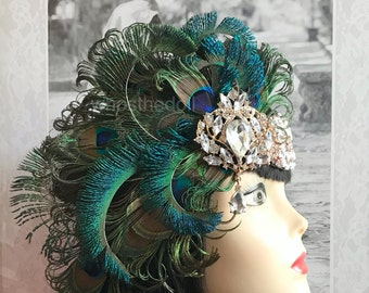 Fascia per capelli in stile vintage anni '20, con strass e piume