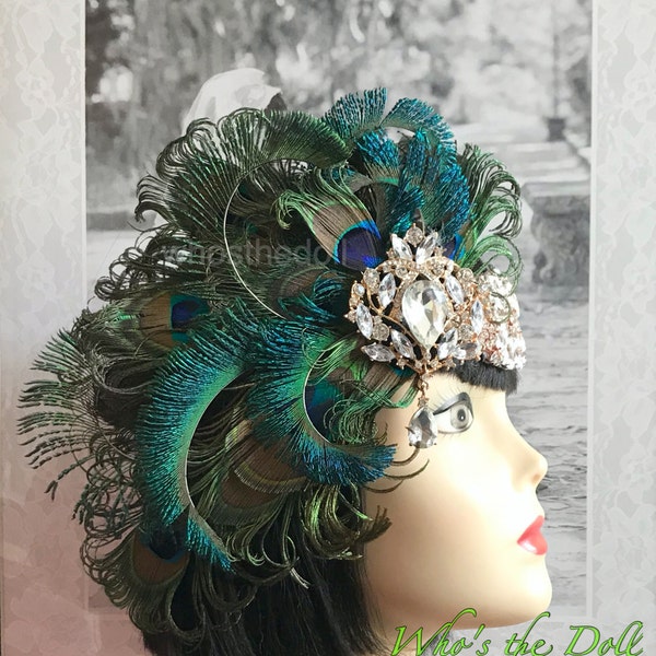 Luxury Gatsby Peacock feather headpiece, Rose Gold headpiece, Art Deco Wedding headpiece, 1920s Flapper headband, Paradise, Made to order