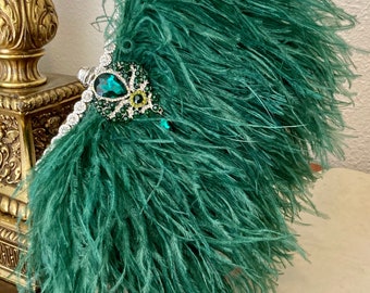 Art Deco Emerald Green and Silver Ostrich feather handbag, Gatsby Green clutch, feather Wedding purse, luxury evening bag