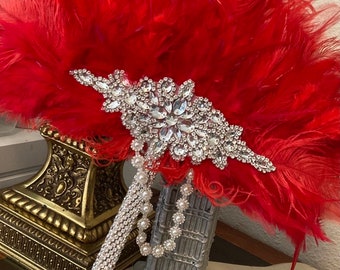 Gorgeous Red Rooster Tail feather hand fan, Alternative Wedding Bouquet, Flapper fan
