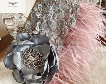 Majestic Art Deco Mauve Pink Ostrich feather and lace handbag, Silver Gray lace  clutch. Jewelry can change