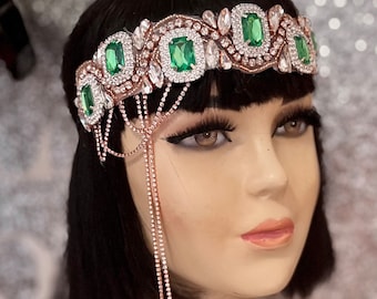 Gatsby Emerald Green crystal headpiece,  Rose Gold headband, Art Deco Wedding chain headpiece, 1920s Flapper headband, Esmeralda