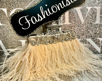 Champagne Real Ostrich feather handbag, Gatsby Art Deco clutch purse, crystal and Pearl handbag, 1920s Flapper bag, Made to order