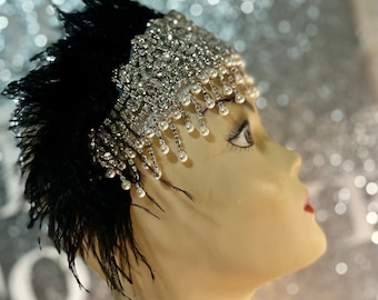 Gatsby Silver and Pearl Black Ostrich feather headpiece, Wedding headpiece, 1920s Flapper headband, Bella, Made to order