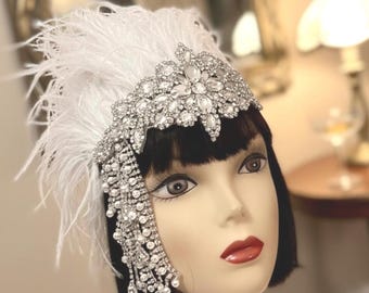 Gatsby Art Deco White Ostrich Feather headpiece with Rhinestone headband, Cascading chains and Tassels