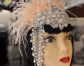 Gatsby Ostrich Feather Headpiece: Champagne or White Pearl Flapper Headband