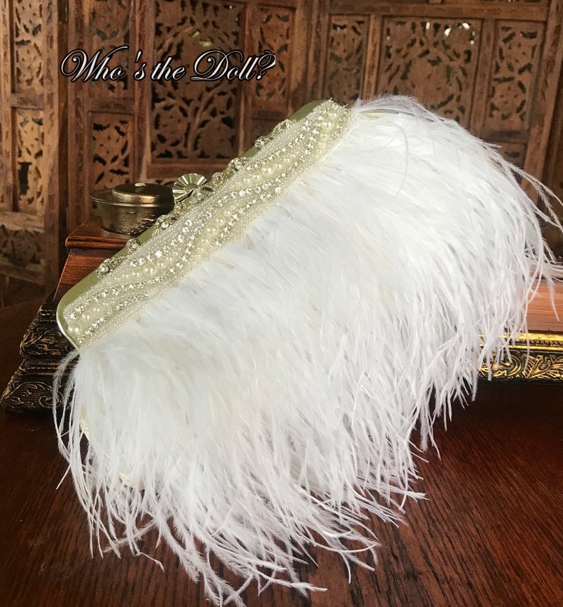 White Ostrich Feather Clutch Purse Gatsby Pearl Handbag Etsy