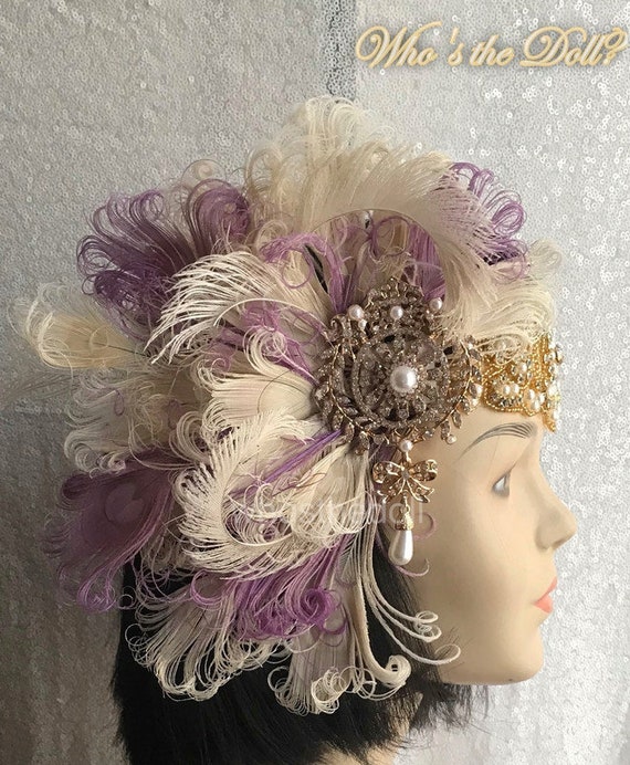 Art Deco Exotic Peacock Feather Headdress: Lavender, Ivory, Gold Flapper Headband.