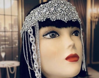 Crystal chained Pearl  Headpiece, 1920s Flapper Style, Bridal Bandeau Headband, Lady
