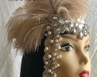Gorgeous luxury Great Gatsby Silver and Nude Ostrich feather headpiece, Wedding headpiece, 1920s Flapper headband, Deedropper, Made to order