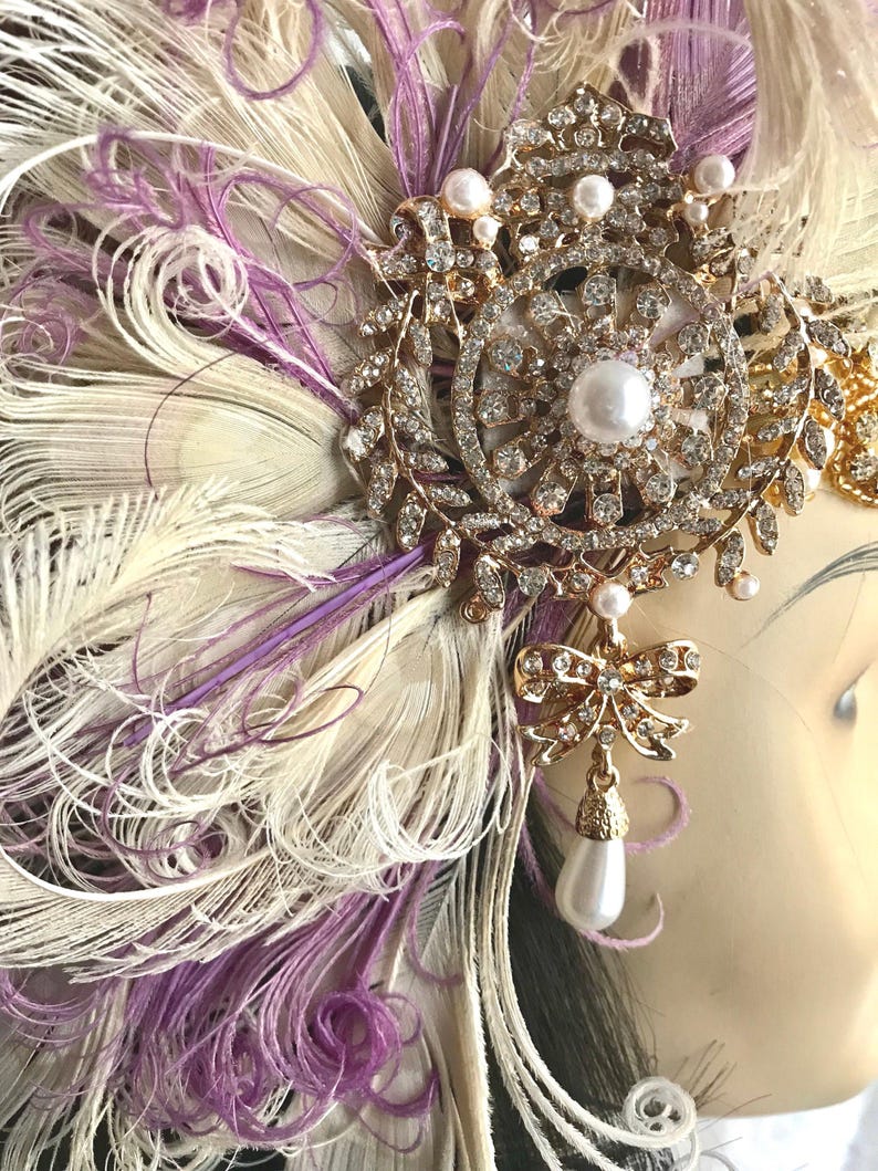 Tiara Art Déco com Penas de Pavão Exóticas em Tons de Lavanda e Marfim, Índigo imagem 5