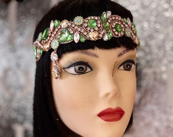 Emerald Green and Champagne headpiece, Gatsby Rose Gold headband, Wedding headpiece, 1920s Flapper headpiece, Esmeralda, Made to order