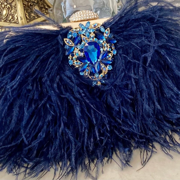 Art Deco Navy Blue and Gold Ostrich feather handbag, Gatsby Navy feather handbag, Wedding purse. Blue Feather handbag, luxury evening bag