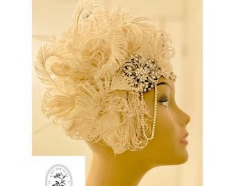 Art Deco White Peacock feather headpiece,  Gatsby feather headpiece, crystal headband, wedding headpiece
