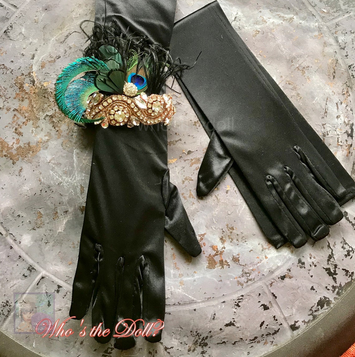 Peacock feather Black Satin gloves Gatsby Rose Gold Gloves Etsy