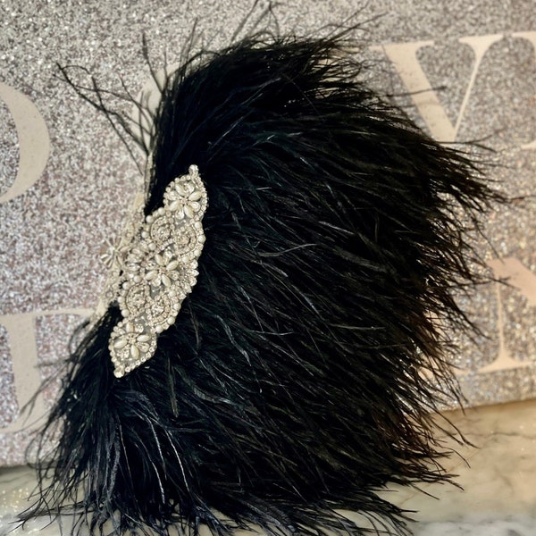 Black Ostrich feather clutch handbag, Gatsby crystal handbag, Black and Silver Wedding purse, Flapper handbag, Made to order