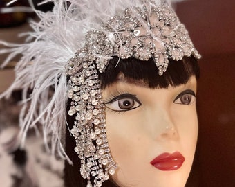 Silver and White Ostrich feather headpiece, Gatsby Silver Pearl  headband Wedding headpiece, 1920s Flapper headband, Penelope