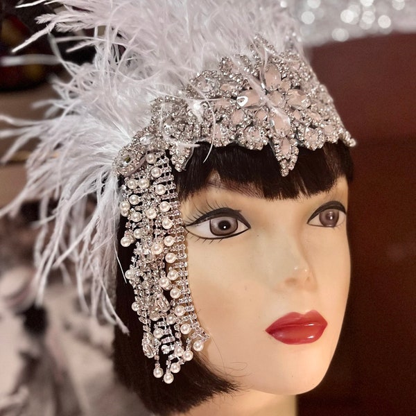 Silver and White Ostrich feather headpiece, Gatsby Silver Pearl  headband Wedding headpiece, 1920s Flapper headband, Penelope