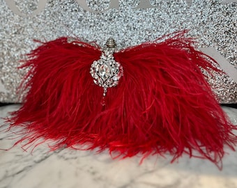 Art Deco Red Ostrich feather handbag, Gatsby Crystal clutch purse, Wedding clutch, 1920s Flapper handbag, evening bag, Made to order