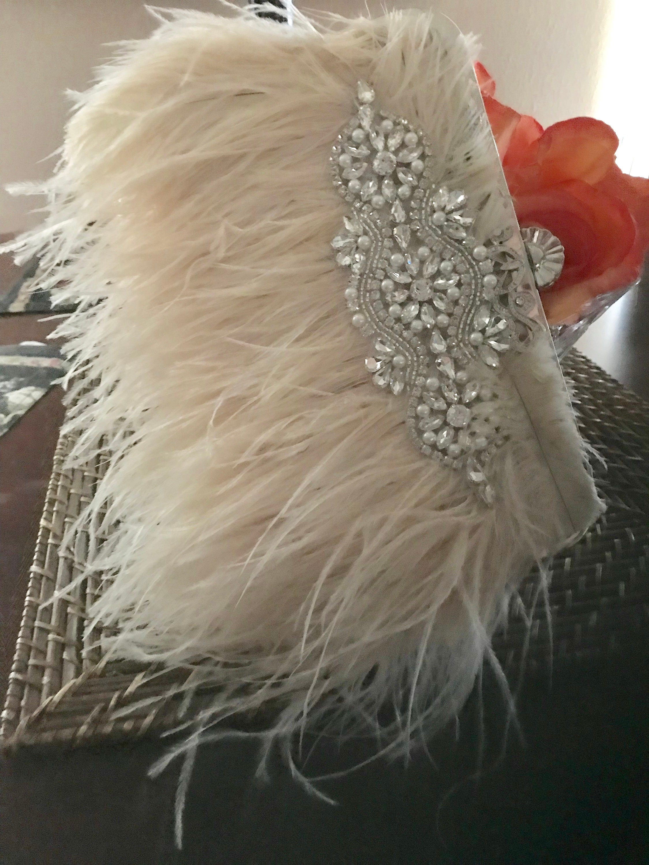 grey feather clutch bag