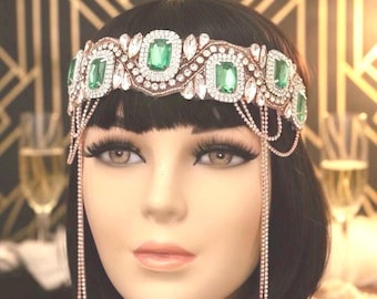 Emerald Green Crystal and Rhinestone Headpiece: Rose Gold Gatsby Flapper Headband