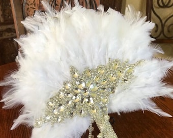 Gorgeous White Rooster Tail feather hand fan, Alternative Wedding Bouquet, Flapper fan