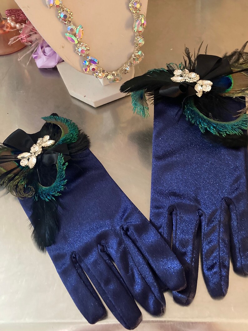 Gatsby Navy Blue Peacock Feather Gloves Women Art Deco Satin Etsy