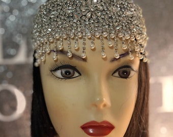 Luxury Great Gatsby Silver headpiece, Pearl headband, Tassel Wedding headpiece, 1920s Flapper headband, Bell, Made to order