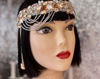 Gatsby Champagne and Topaz headpiece, Gatsby Silver chain headband, Art Deco Wedding headpiece, 1920s Flapper headband, Diana, Made to order