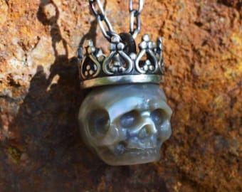 Grey Hand Carved Pearl Skull Wearing Sterling Silver Crown Pendant