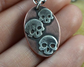 Copper and Sterling Silver Skull Pendant Necklace