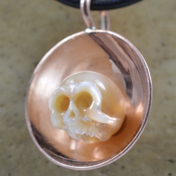 Carved Skull Pearl Framed in Copper on a Leather Cord, Necklace - Carved Pearl Jewelry