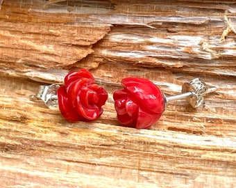 READY TO SHIP - Hand Carved Red Coral Rose Stud Earrings - Sterling Silver Earrings