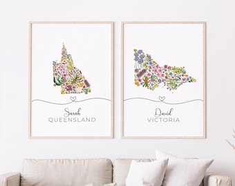 Custom Australian Floral State Couple Maps Personalized Name, Anniversary Gift, Gifts for Couple, Valentine's, Wedding