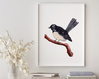 Willy Wagtail Fauna Nativa Australiana, Impressões de Parede de Pássaros, Presentes para Amantes de Pássaros, Arte de Parede em Aquarela, Pássaros Australianos, A5 A4 A3 A2