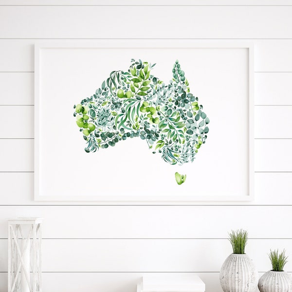 Map of Australia Gum Leaf Watercolour Art Print Wall Decor Eucalyptus Green Leaves Artwork Botanical Interior A5 A4 A3 A2
