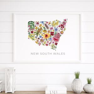 New South Wales, Australien Karte mit Blumenmuster, Floral Collage, Botanische Aquarell Bilder, Drucke A5 A4 A3 A2