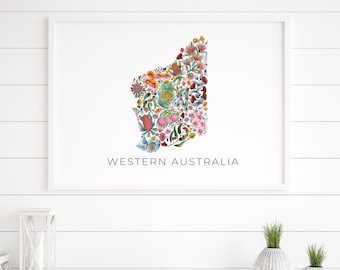 Western Australia Floral Native Map Watercolour Paintings, State Map, Botanical Gifts, Plant Lovers, Wall Art, Home Decor Prints A5 A4 A3 A2