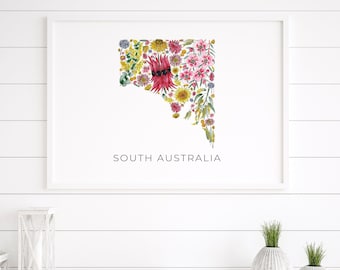 South Australia Floral Australian State Map, Native Flowers, Botanical Gifts for Her, Modern Wall Art Prints A5 A4 A3 A2