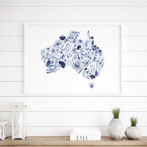 Karte von Australien Hamptons Aquarell Kunst Druck Wand Dekor Blaue Blätter und Blumen Kunstwerk Botanische Innenräume A5 A4 A3 A2