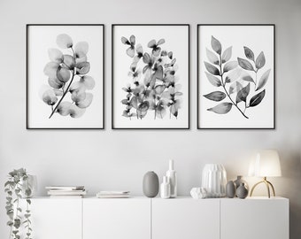 Set 3 Black and White Botanical Art Watercolour Paintings, Foliage Artwork, Inspired By Nature Wall Art Prints in Sizes A5 A4 A3 A2