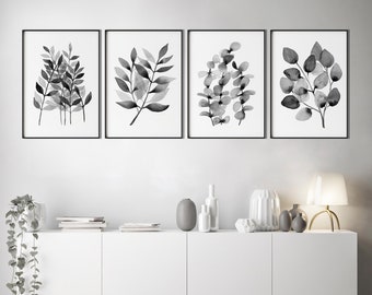 Set of 4 Monochrome Eucalyptus Leaves Black and White Wall Art Prints, Nature, Minimalist, Foliage, Artwork, Wall Decor