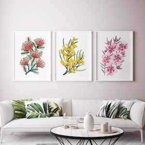 Banksia Wattle Tea Tree Set of 3 Australian Native Flowers From Original Watercolour Paintings Botanical Wall Art For Your Home