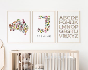 Nursery Prints Australiana Themed Room Wall Art Decor Customised Name Print Set of 3