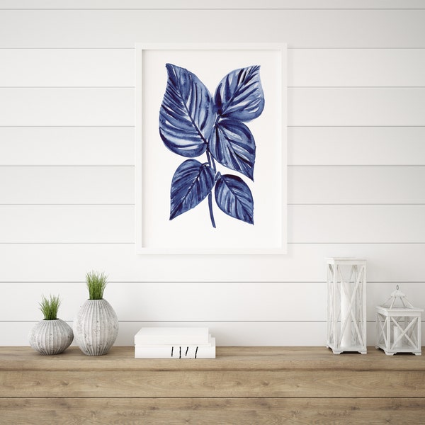 Birkin Philodendron Blue Leaf Watercolour Prints, Sizes A5 A4 A3 A2, Garden Theme Decor, Botanical Home Wall Prints, Hamptons