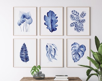 Set 6 Indigo Plants and Leaf Artwork, Living Room Wall Decor, Minimalist Botanical Prints, Watercolour, Lounge, Living Room, Wall Paintings