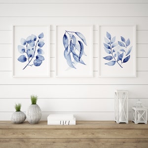 Juego de 3 láminas decorativas de eucalipto para pared, diseño de Blue Hamptons, tamaño A5, A4, A3, A2, en acuarela.