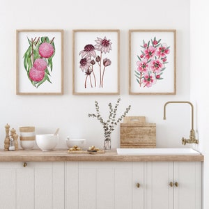Pink Australian Native Floral in 3 Set, Botanical Art, Handmade Prints, Interior Design, Lounge Decor