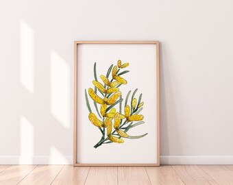 May include: A framed watercolor painting of a yellow flower with green leaves. The flower is in bloom and has a delicate, whimsical style.