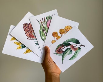 Flower Cards Watercolour Greeting Card Pack Australian native floral wattle gum protea from original paintings 4x6" blank cards